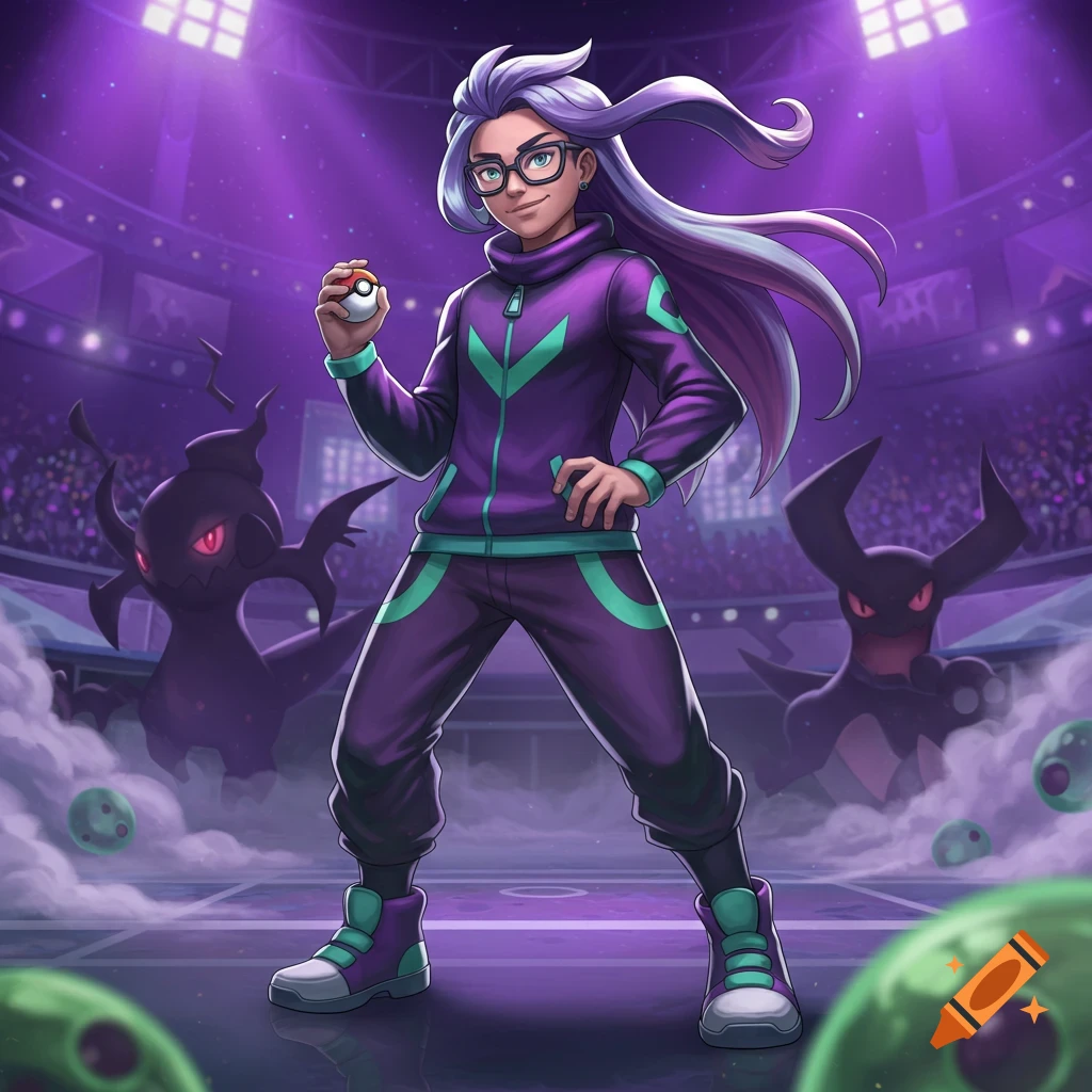 A cartoon teen Pokemon trainer with long purple hair and glasses holds a Pokeball in a purple stadium with two dark Pokemon.