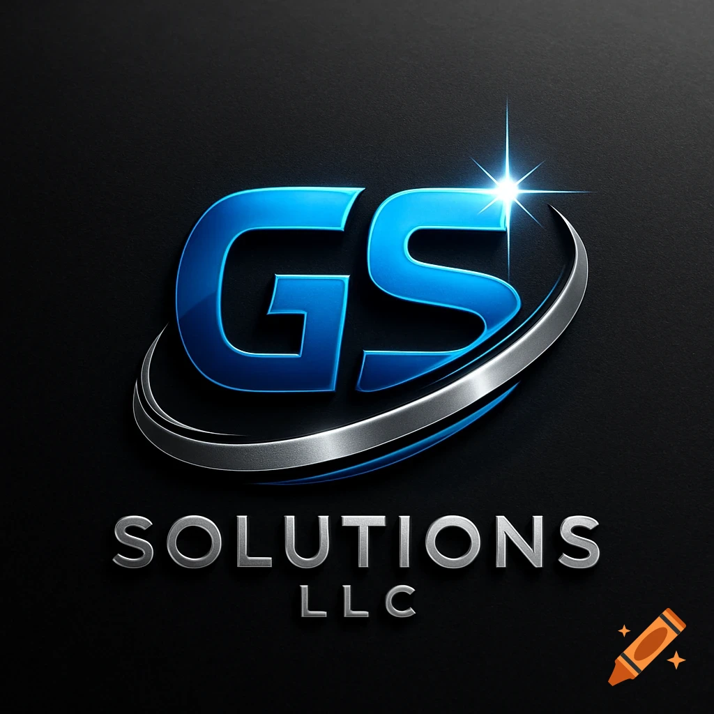 3D blue and silver corporate logo for GS Solutions LLC with a sparkle and swoosh on a dark background.