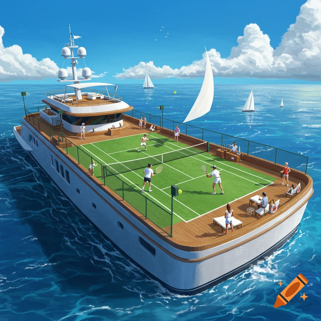 An illustration of a large yacht with a tennis court on its deck, as people play tennis on the high seas under a bright blue sky.