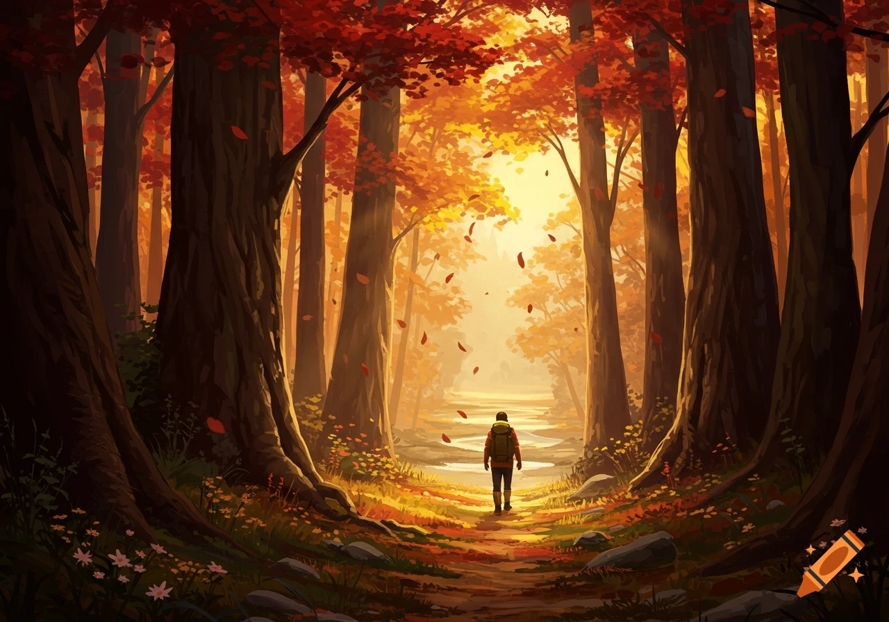 A person hikes on a sunlit path through an autumn forest with vibrant red and orange trees in a stylized art style.