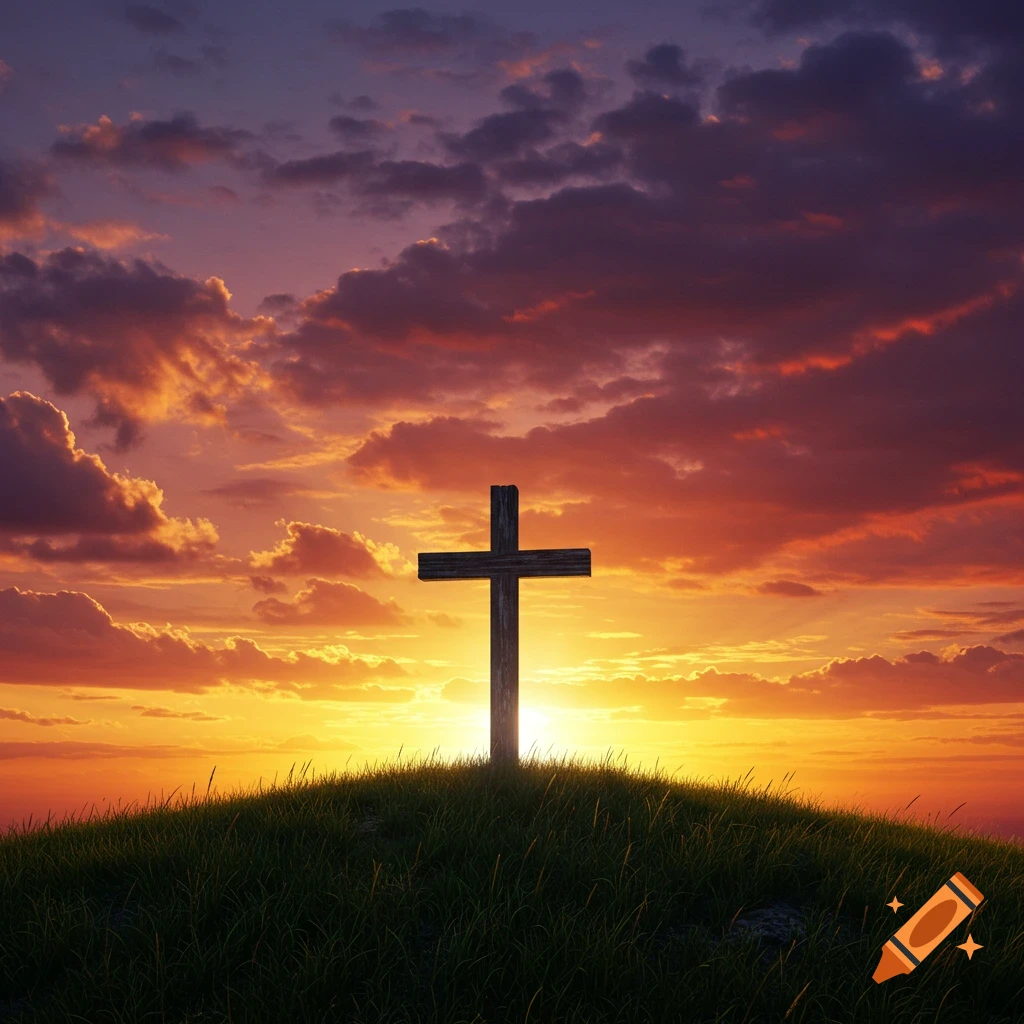A wooden cross stands silhouetted on a grassy hill against a dramatic orange, yellow, and purple sunset sky.