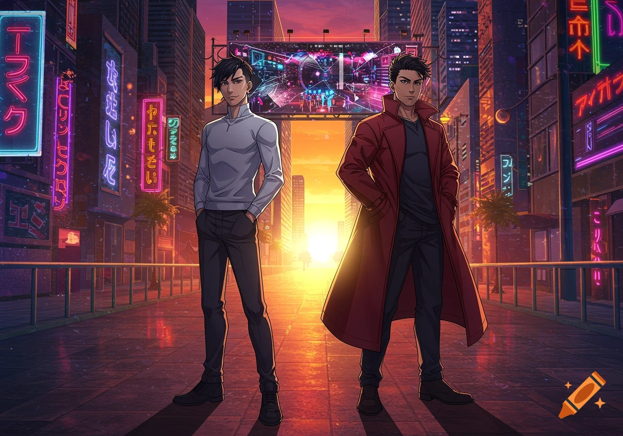 Two anime-style men stand on a futuristic city street at sunset, surrounded by neon signs.