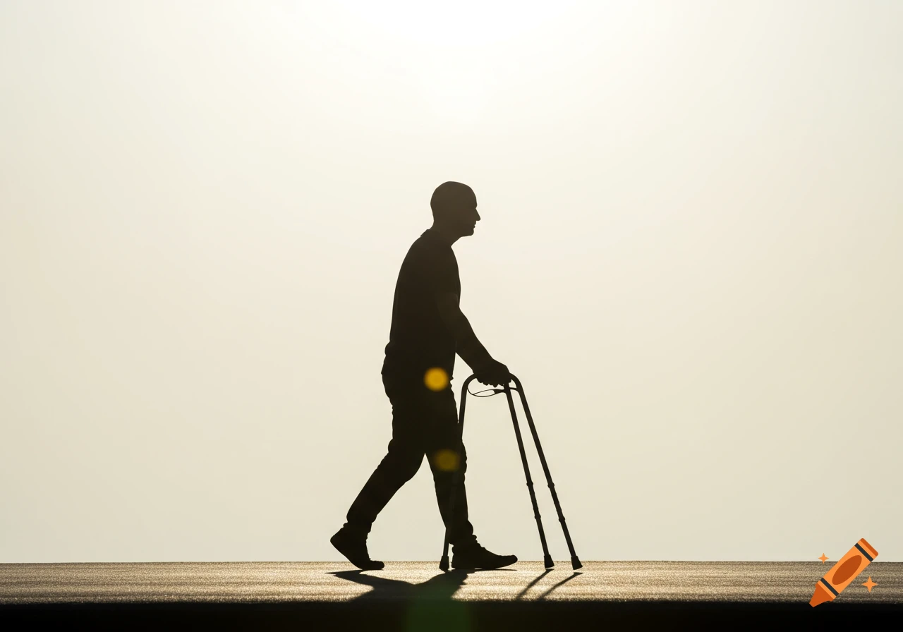 Silhouette of an elderly man walking with a frame against a bright background.