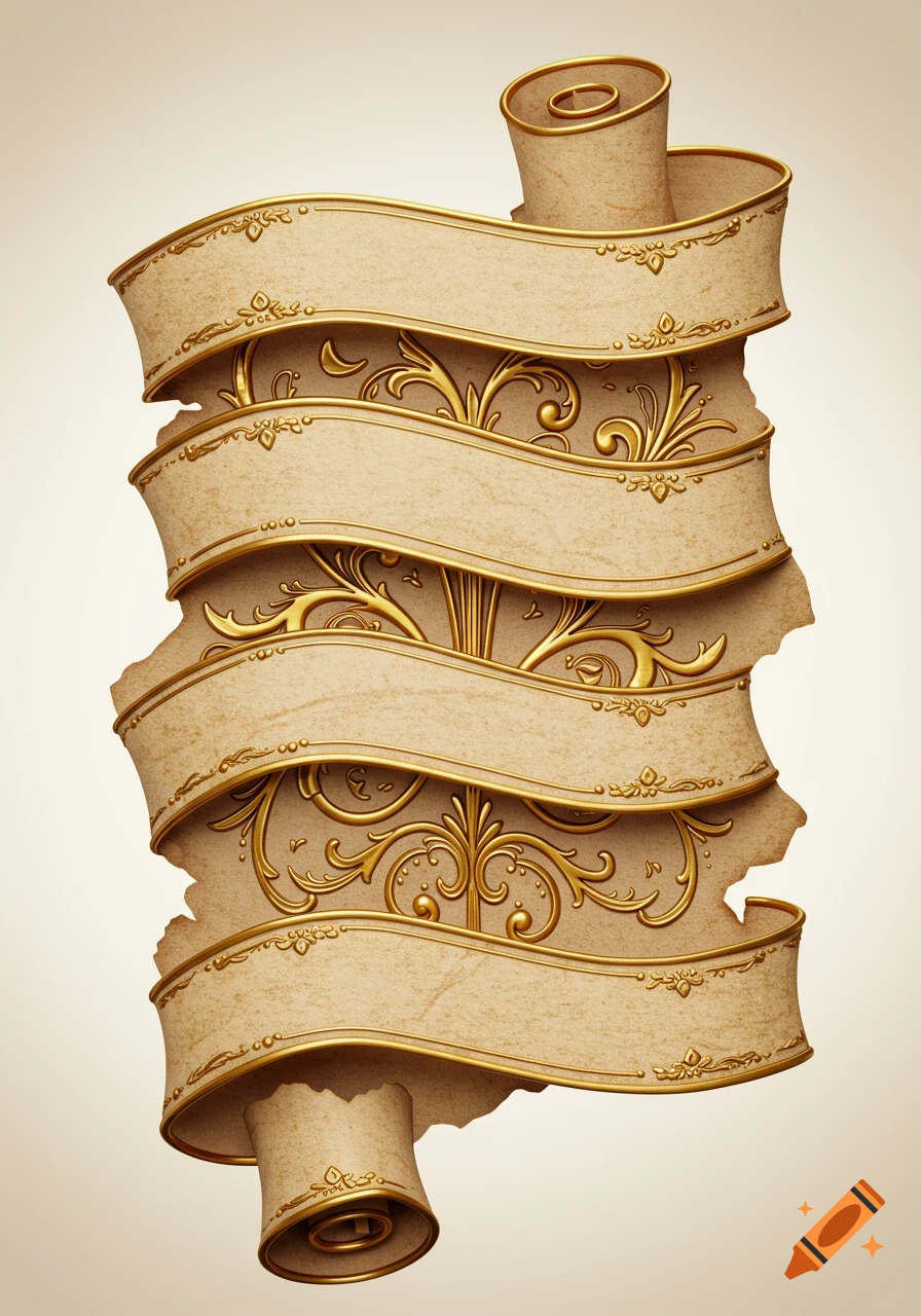 An ornate antique paper scroll or banner with gold decorative filigree against a light background.