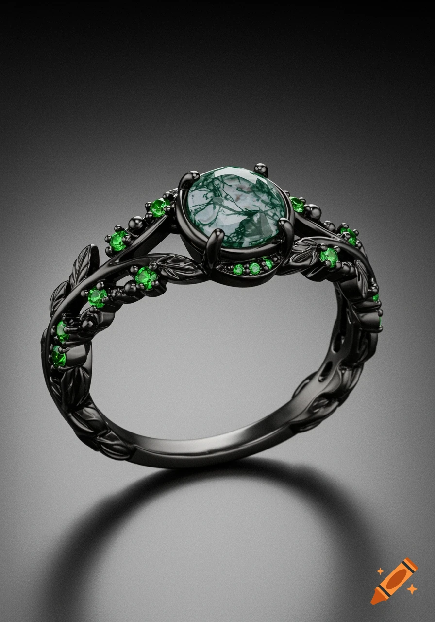 A black gold ring with a round moss agate center stone and small green accent gems, featuring a vine and leaf motif band on a dark background.