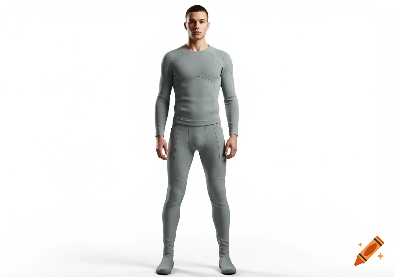 A man in a plain grey futuristic full-body outfit stands against a white background.