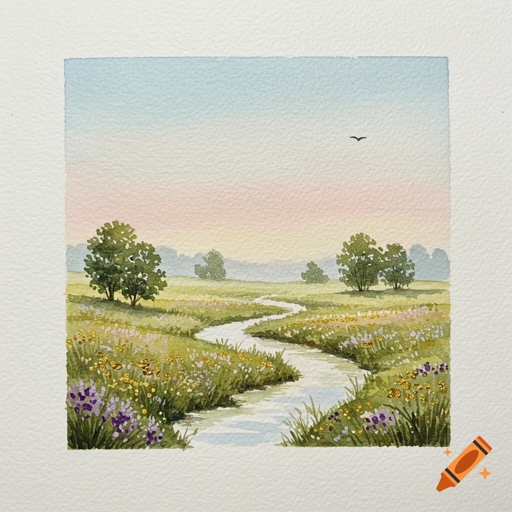 A tranquil watercolor painting of a winding stream flowing through a lush green meadow filled with colorful wildflowers, framed by distant trees under a soft, gradient sky with a single bird.