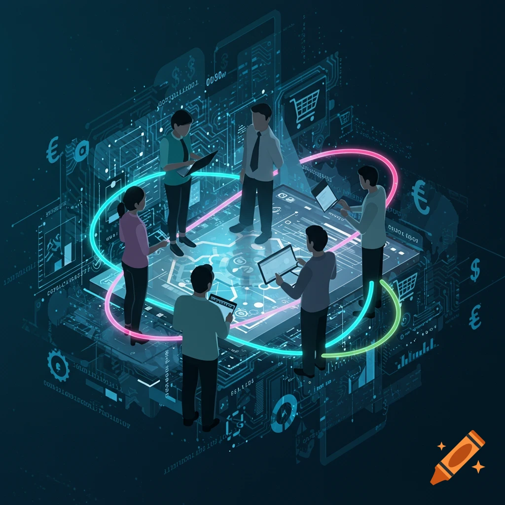 Isometric digital art of a business team surrounded by glowing tech elements, currency symbols, and a shopping cart icon.
