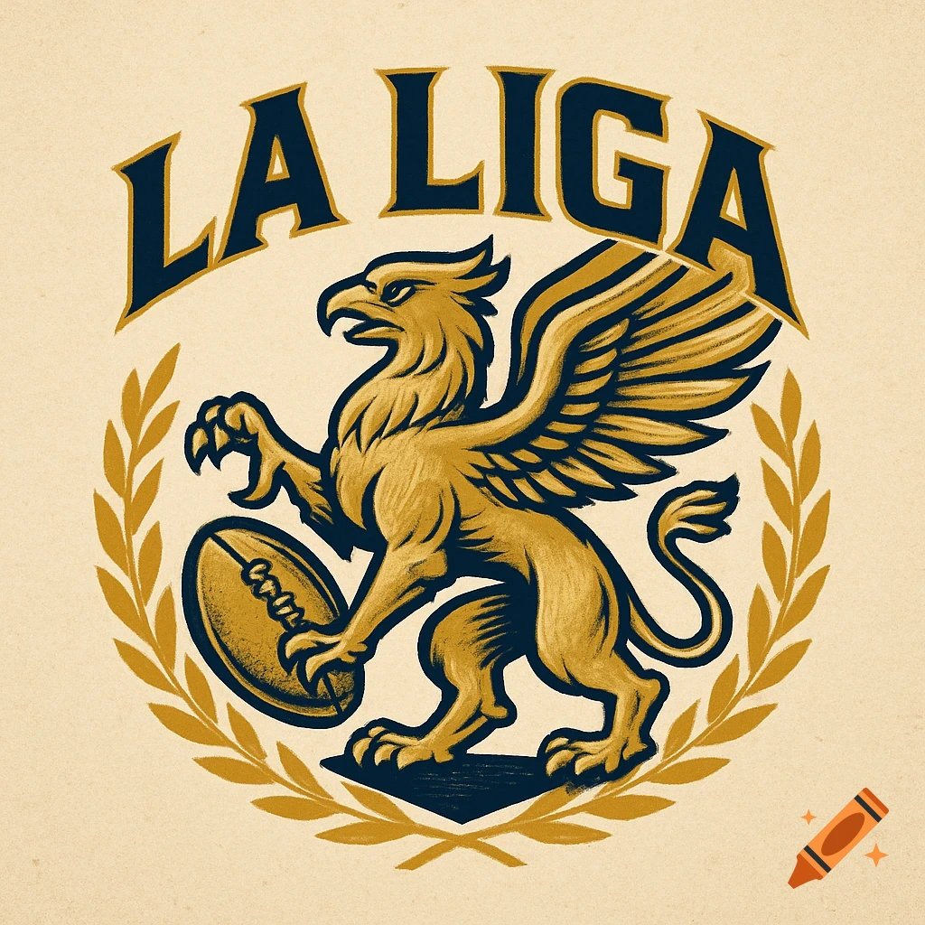 A vintage-style logo featuring a golden griffin holding an American football, with LA LIGA text and a laurel wreath.