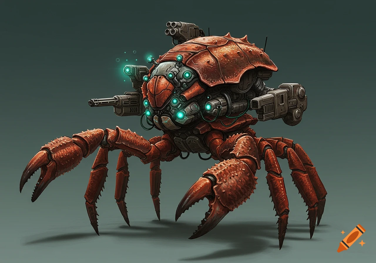 A heavily armored, red and gray crab-like mech with multiple guns and glowing teal lights on a dark background.