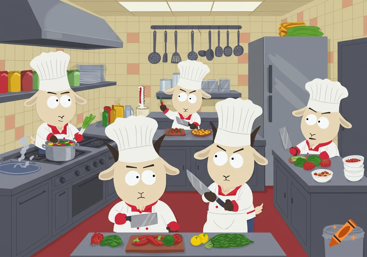 Cartoon goats in chef hats cooking in a kitchen in the style of South Park.