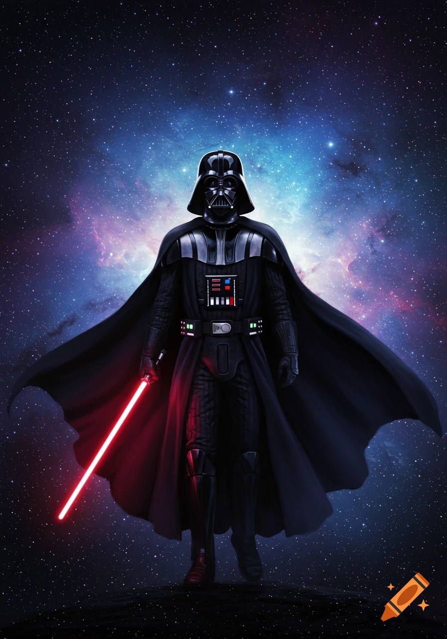 Darth Vader stands holding a red lightsaber, his black cape flowing against a vibrant cosmic backdrop of blue and purple nebulae.