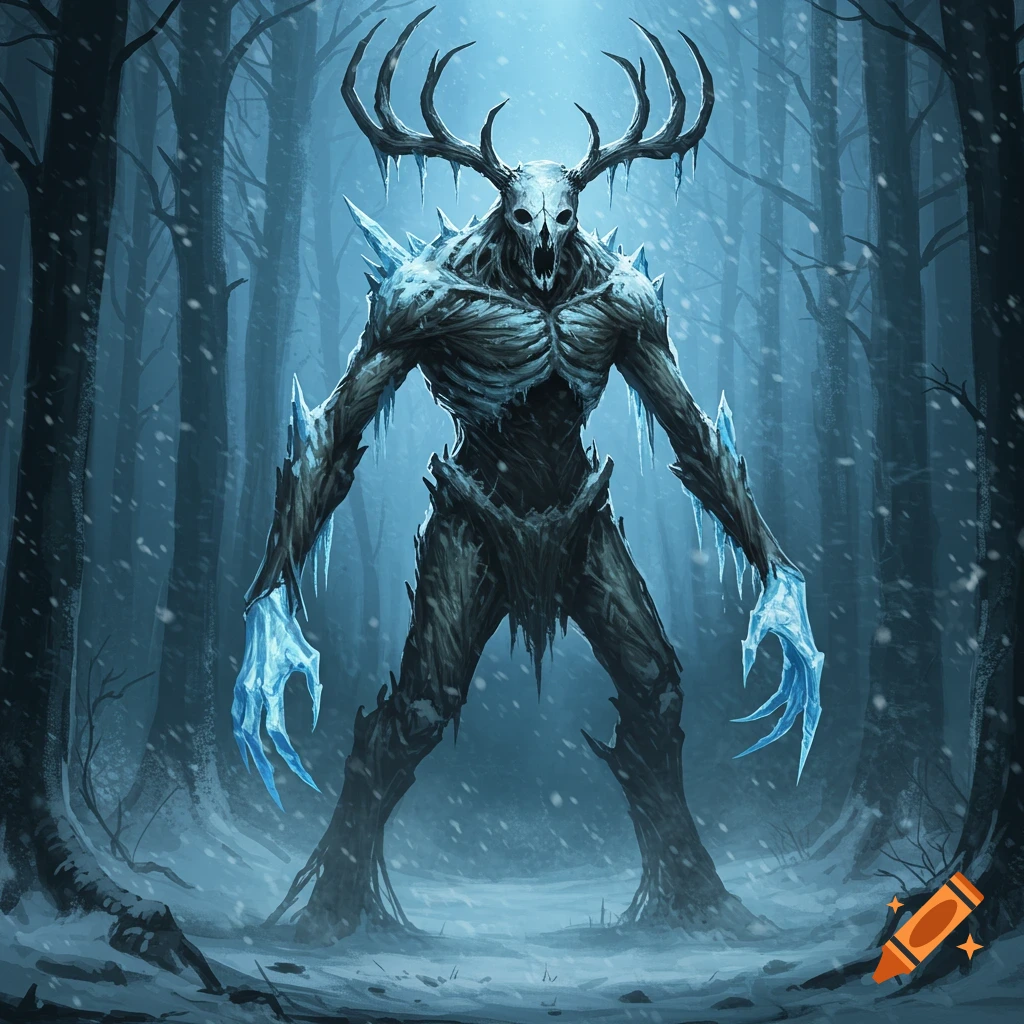 A tall, monstrous icy creature with skeletal features, antlers, and sharp ice claws stands in a snowy, dark forest. Dark fantasy illustration.