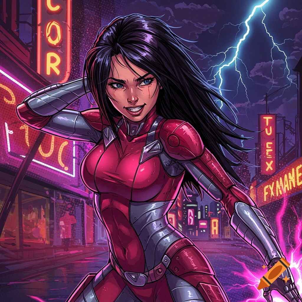 A fierce comic book style woman in a red and grey armored suit stands in a neon-lit cyberpunk city, with lightning striking in the background.