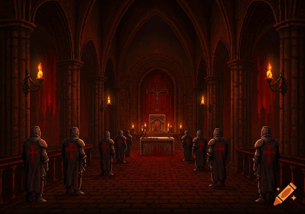 Pixel art of crusader knights standing in a dark, candlelit gothic temple with a crucifix and altar.