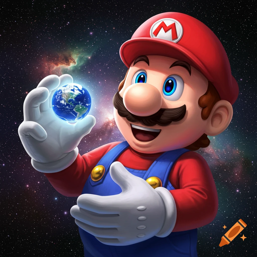 Mario holds a glowing Earth in his hand against a vibrant starry space background in a digital art style.