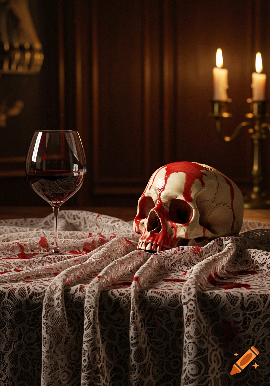 A macabre still life featuring a skull stained with red liquid on a white lace tablecloth next to a glass of red wine and flickering candles.