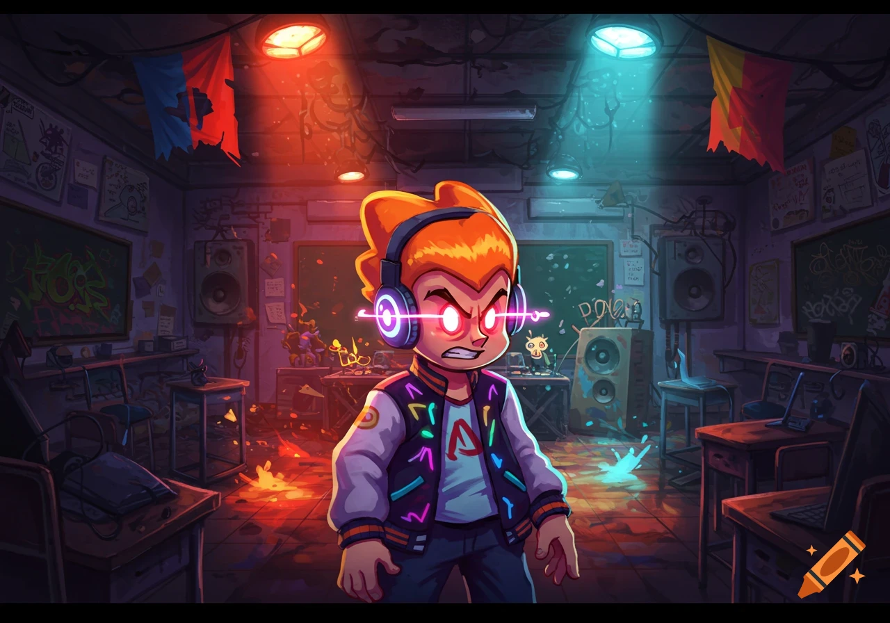 Stylized cartoon character with headphones and glowing eyes stands in a dark, graffiti-covered classroom with red and blue lighting.