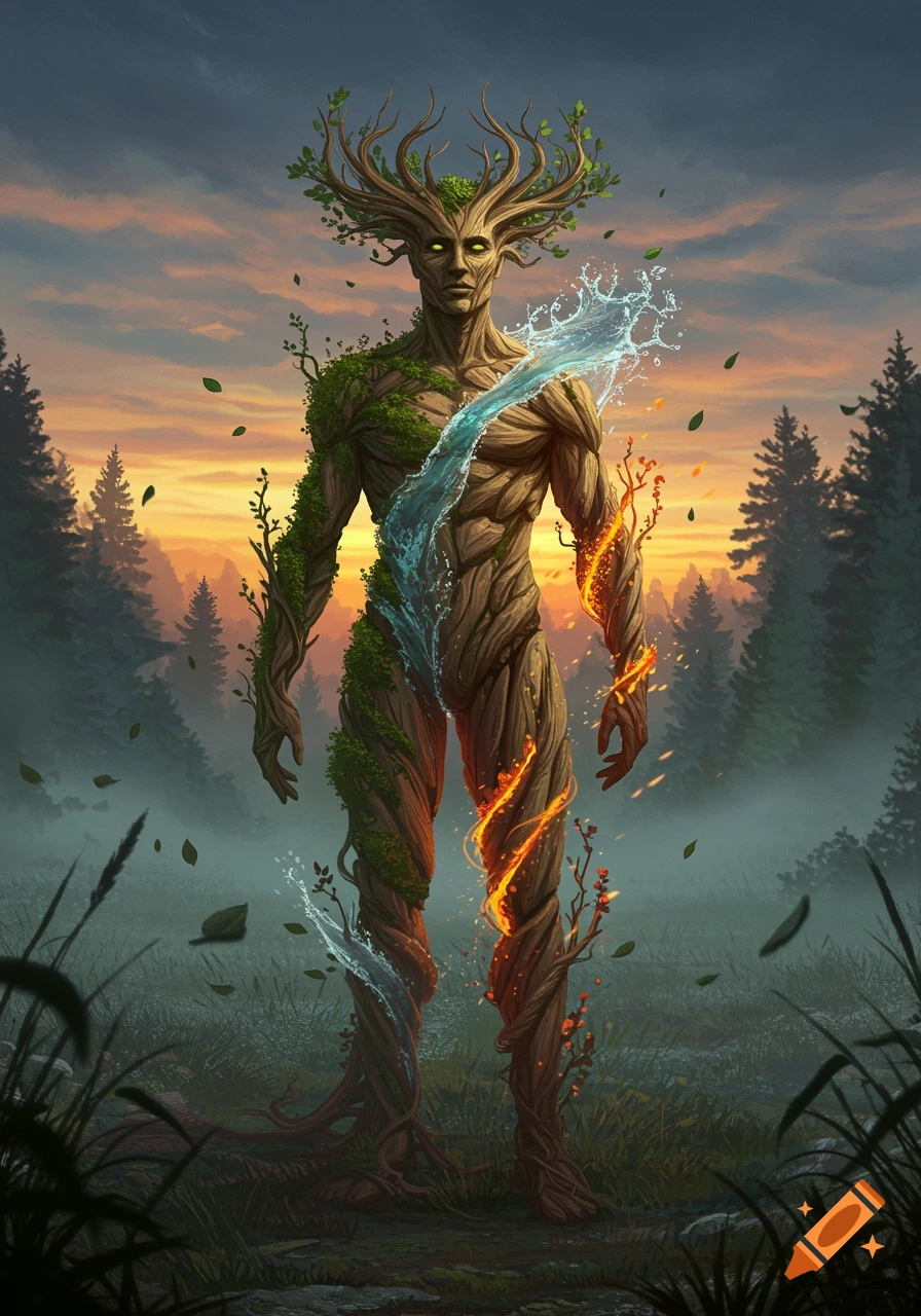 A mystical tree man with antlers and vines, one side elemental water, the other elemental fire, stands in a misty forest at sunset.
