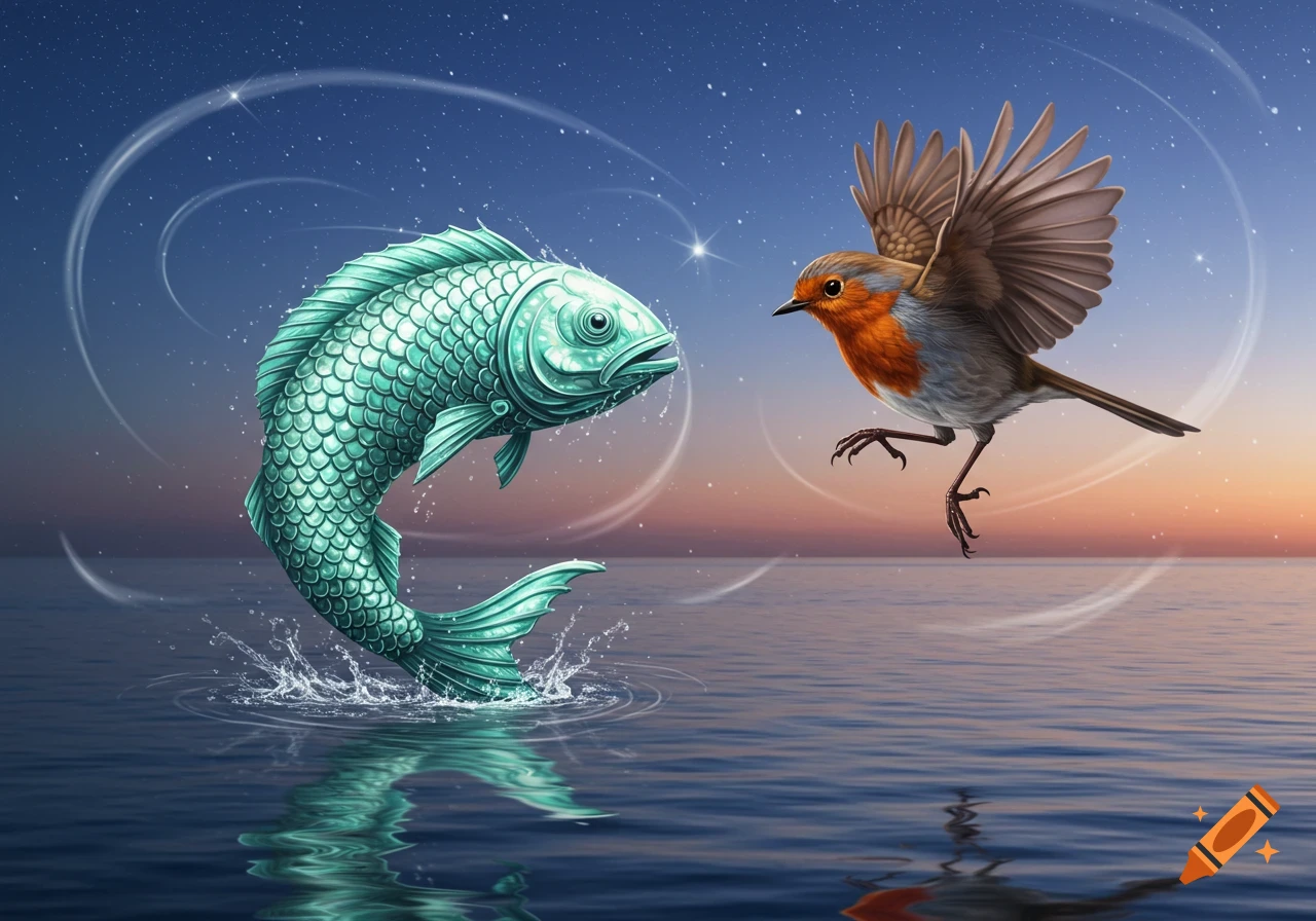 A teal, stylized fish leaps from dark water, facing a flying robin under a starry twilight sky.