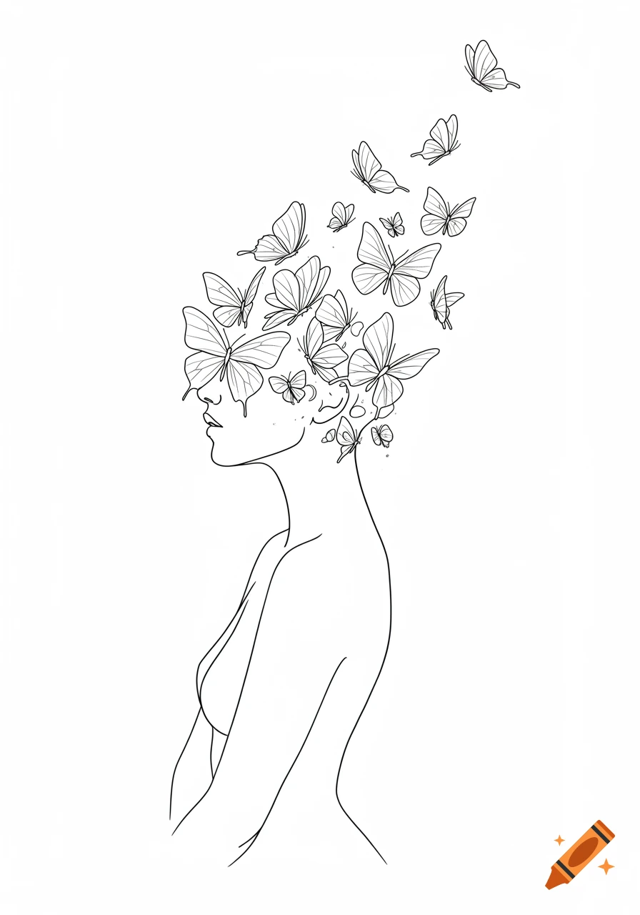 A minimalist line drawing of a woman's side profile with butterflies emerging from her head.