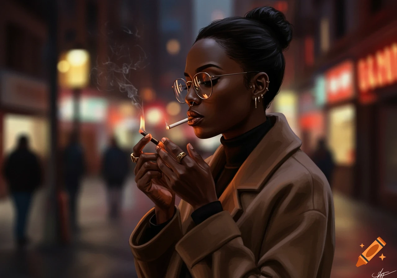 A stylishly dressed Black woman with glasses lights a cigarette on a blurry, neon-lit city street in a digital illustration.