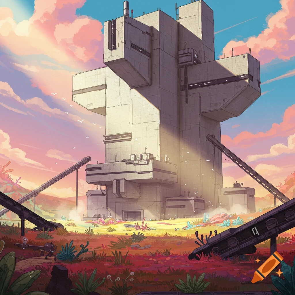 A massive brutalist industrial structure stands in a vibrant alien landscape under a pink and orange sky with small birds flying.