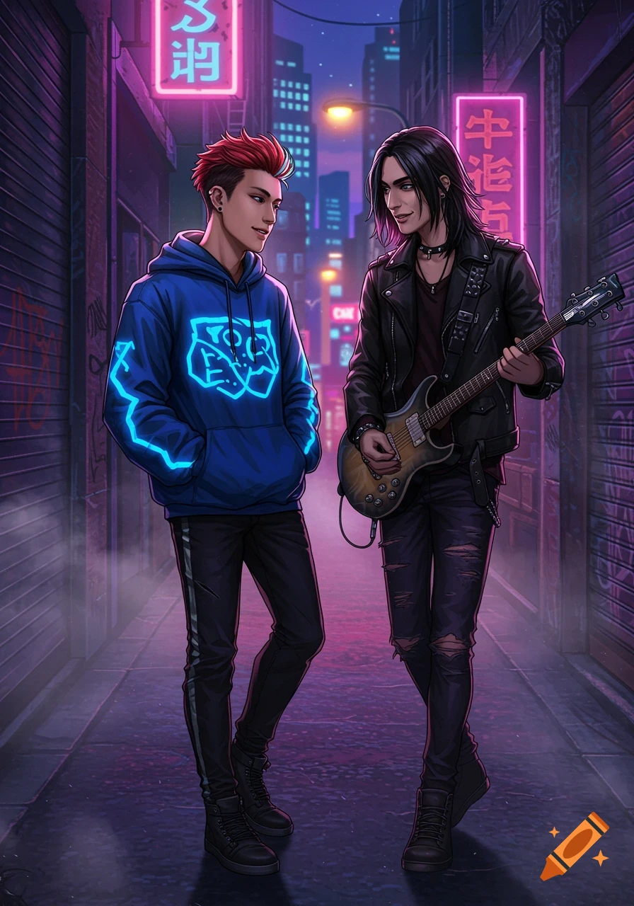 Two anime-style men, one in a glowing blue hoodie and another holding a guitar, stand on a neon-lit city street at night.