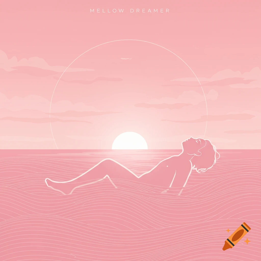 Minimalist pink illustration of a person floating on water at sunset under the text "MELLOW DREAMER".