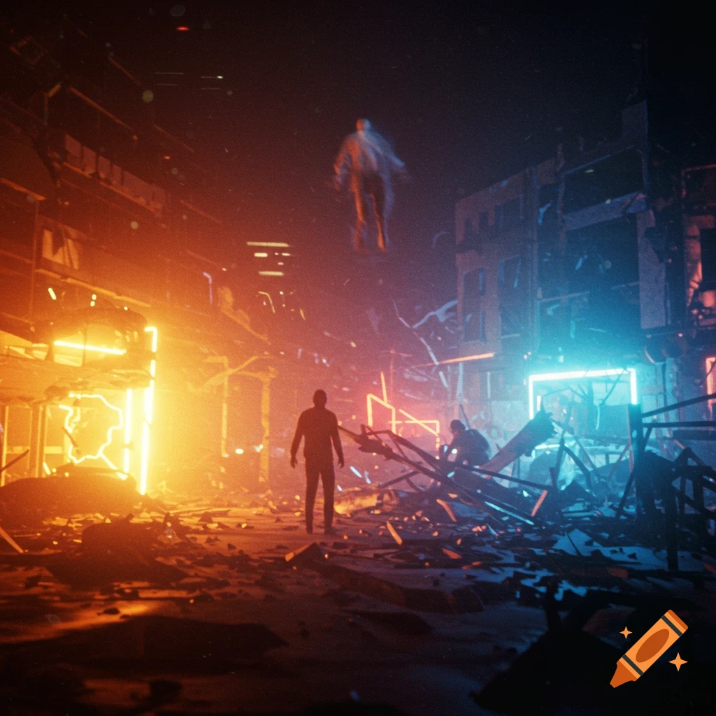 Silhouetted figures in a chaotic, fiery, and blue-lit destroyed city at night, with one figure floating in the sky.