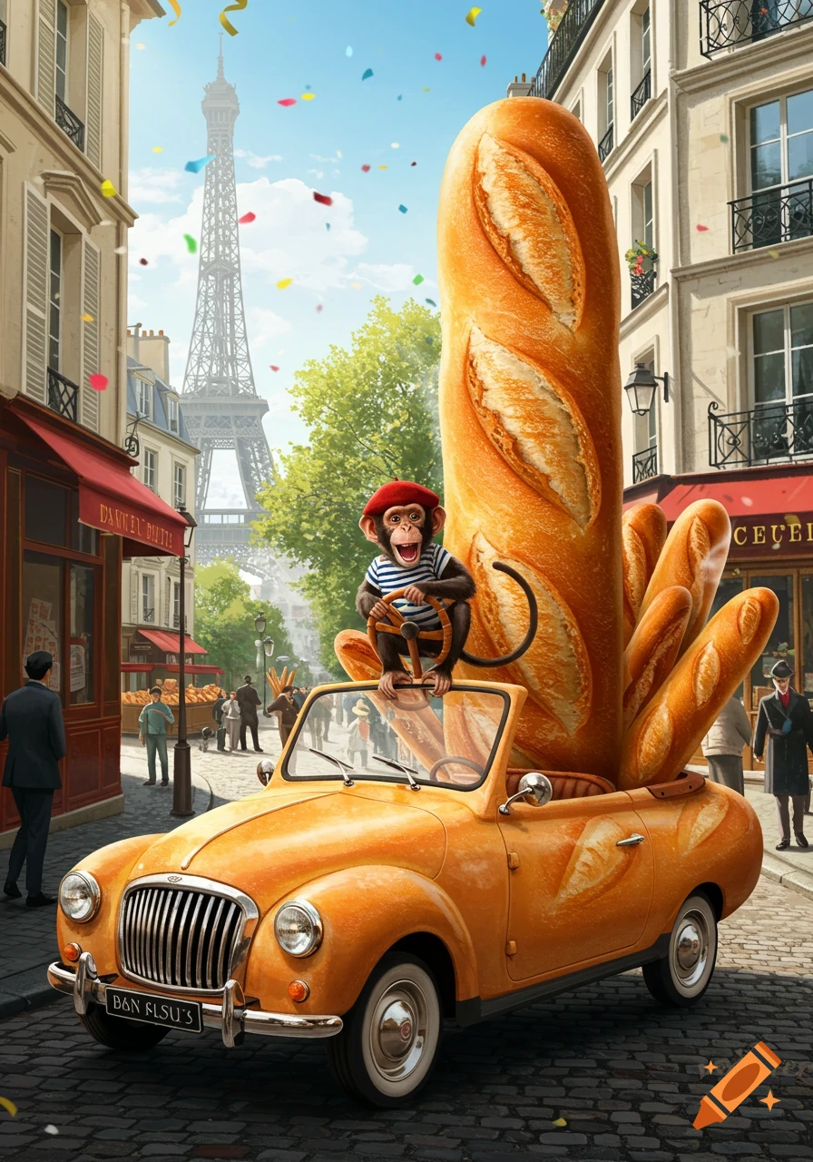 A whimsical illustration of a monkey in a beret driving a yellow convertible overflowing with giant baguettes down a street in Paris, with the Eiffel Tower in the background.