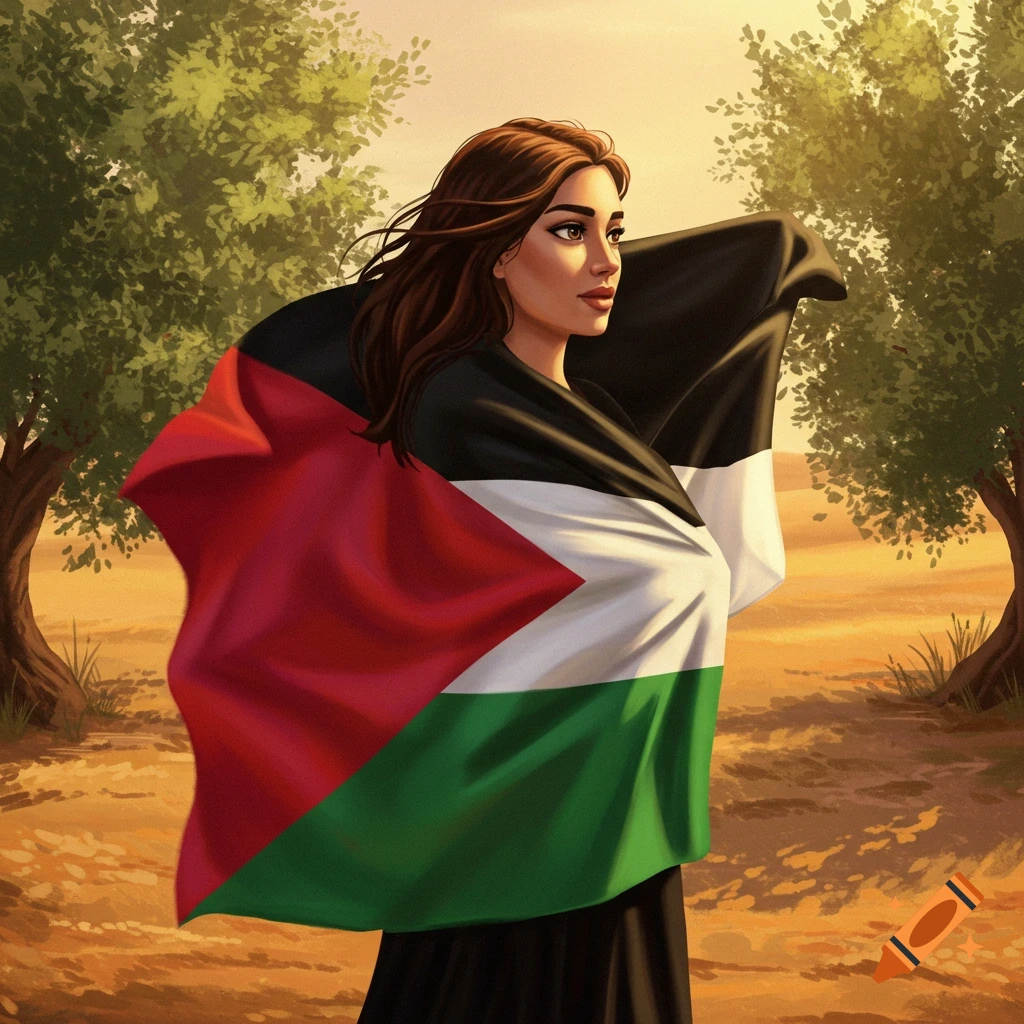 An illustration of a woman with long brown hair draped in a Palestinian flag, standing in a sunny, arid landscape with trees.