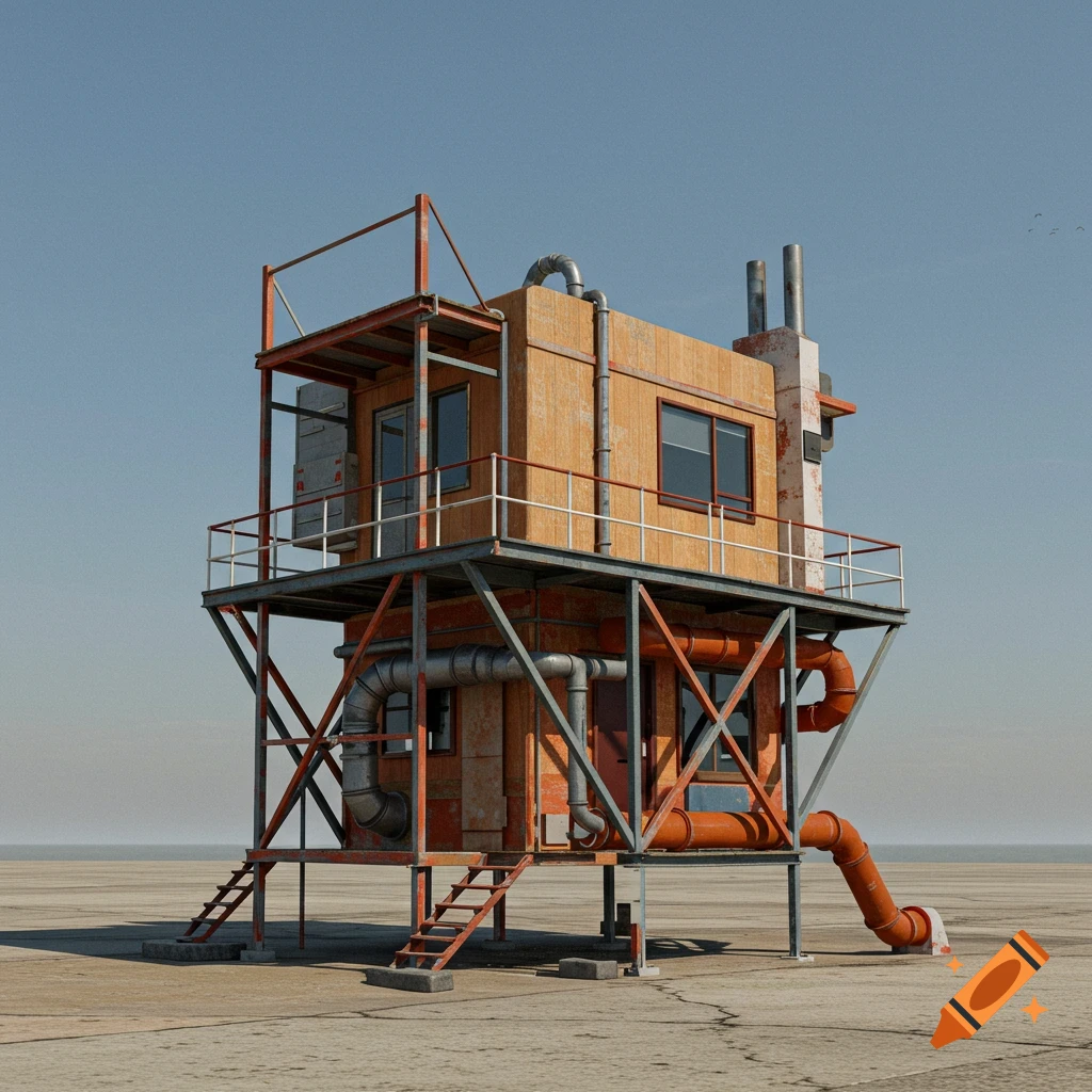A constructivist industrial building with exposed steel framework, pipes, and wooden panels, set against a clear blue sky on a flat, barren ground.