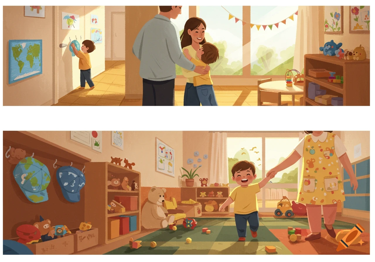 Illustrated scenes of children arriving at a bright daycare, showing a kid hanging a hat, hugging parents, and holding an educator's hand.
