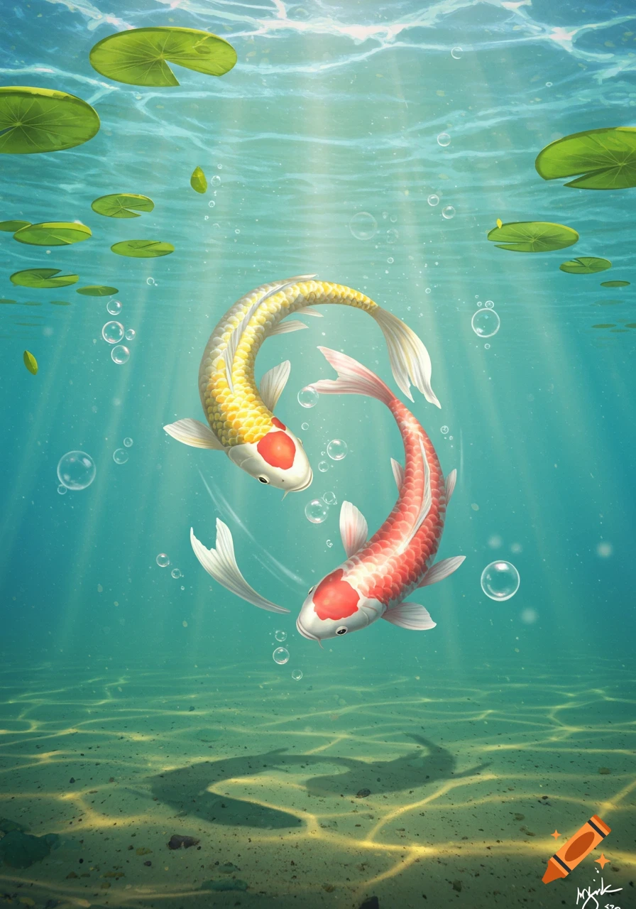 Two colorful koi fish swimming gracefully underwater with lily pads above and light beams reaching the sandy bottom.