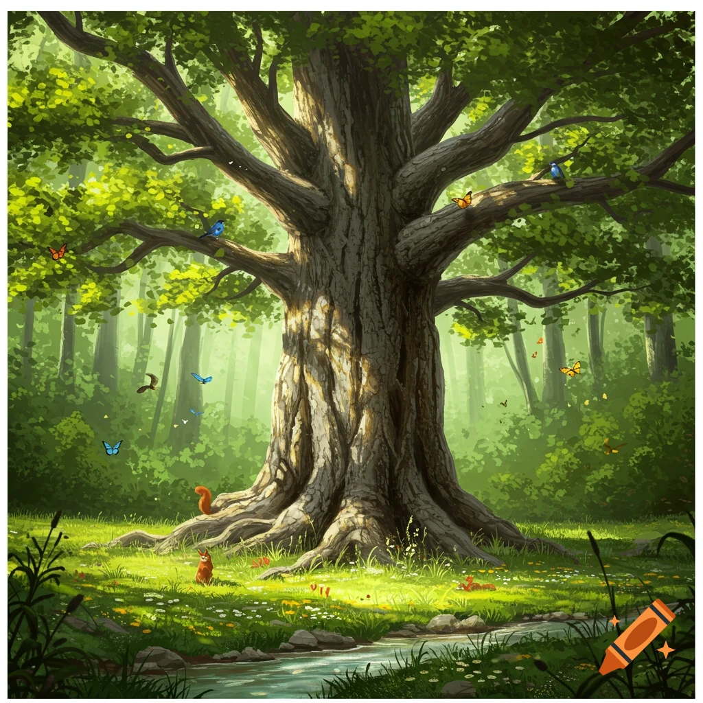 A majestic old tree in a vibrant, sunlit forest clearing with a flowing stream, flowers, butterflies, and small animals.