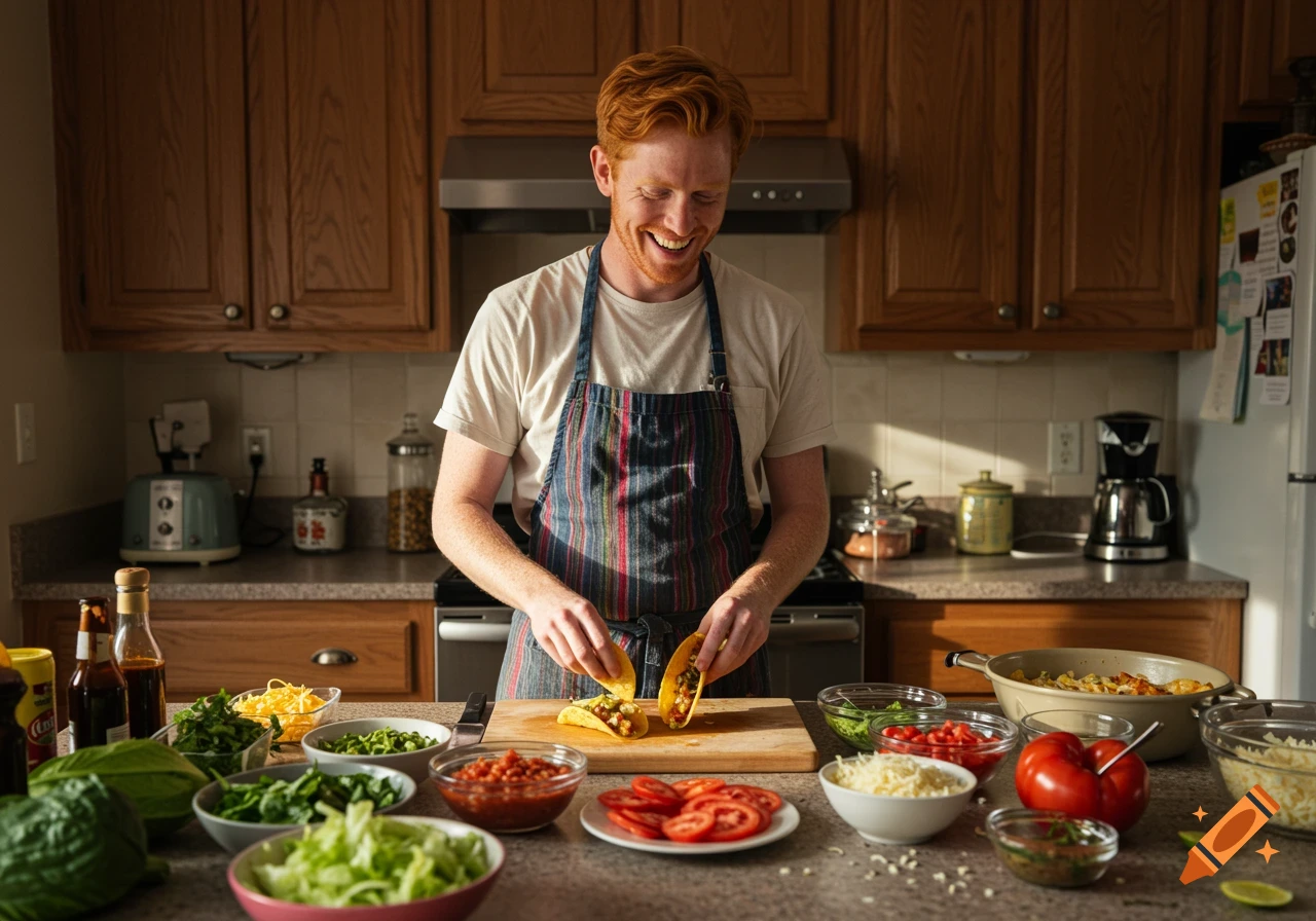 A cheerful ginger-haired man in an apron, smiling as he prepares tacos with fresh ingredients in a brightly lit kitchen.