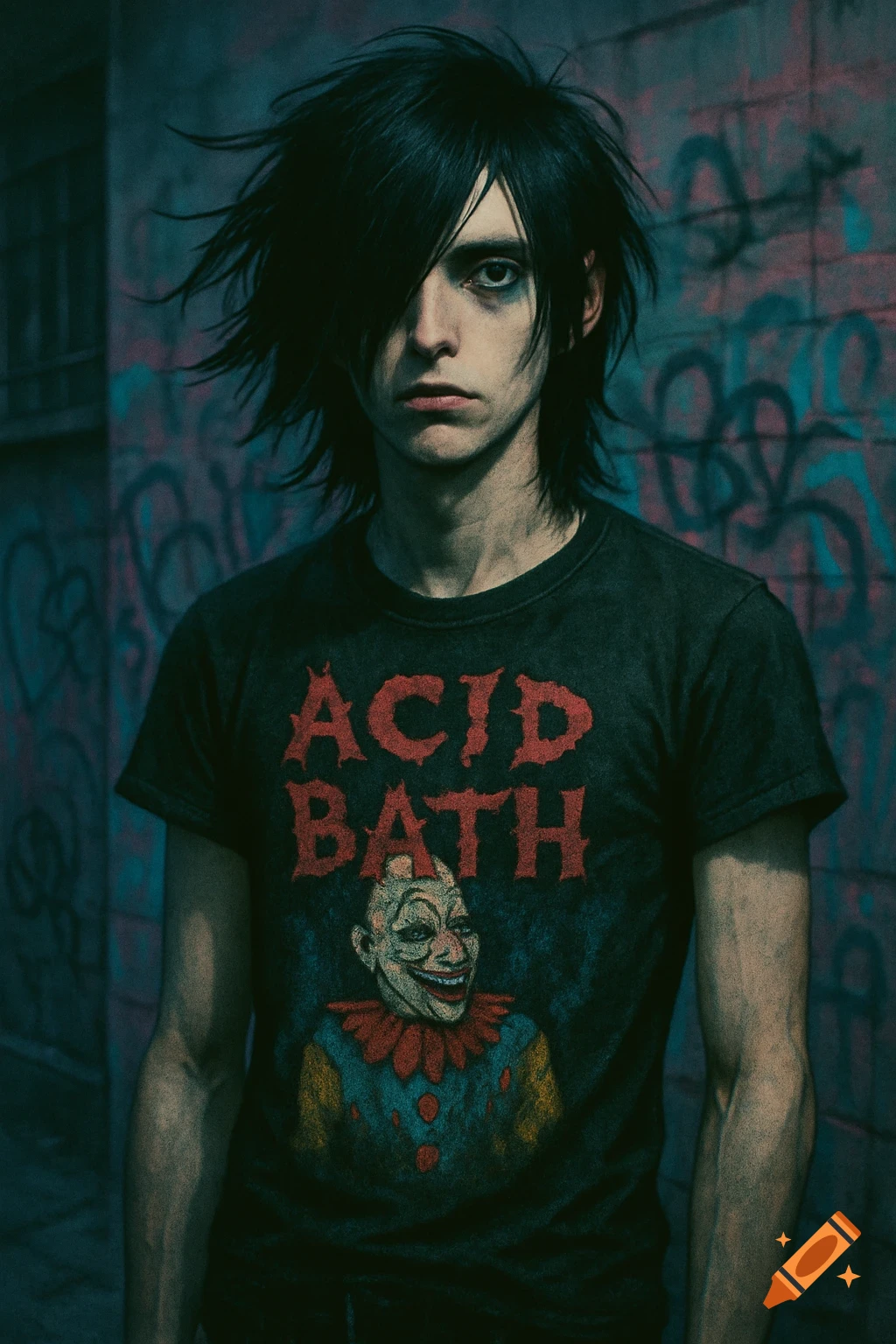 Portrait of an emo person with dark hair, wearing a black 'ACID BATH' t-shirt with a clown graphic, against a graffiti wall.