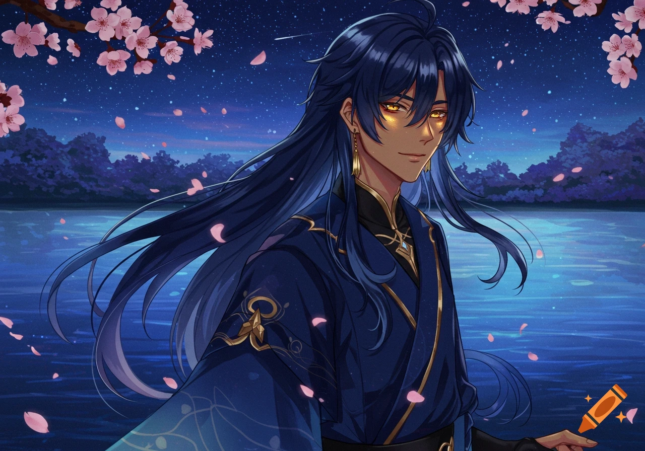 Anime character with long dark blue hair and glowing golden eyes in a blue kimono under a starry cherry blossom sky.