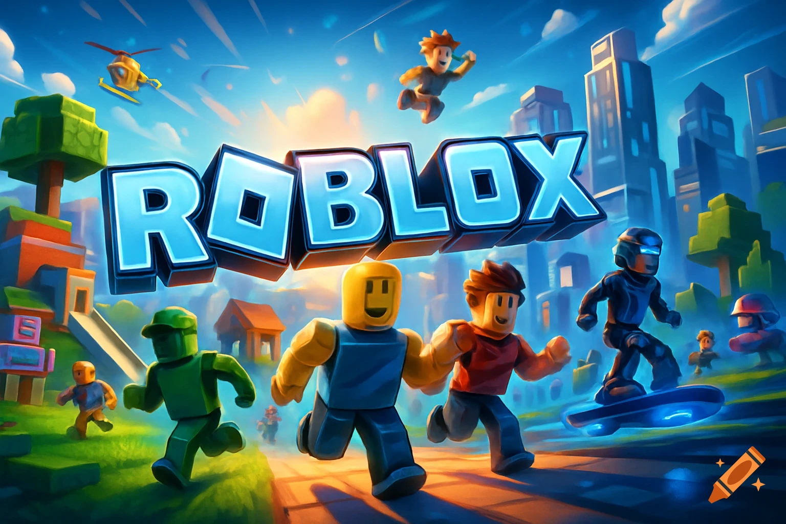 Roblox logo above blocky characters running and jumping in a vibrant, stylized block world.