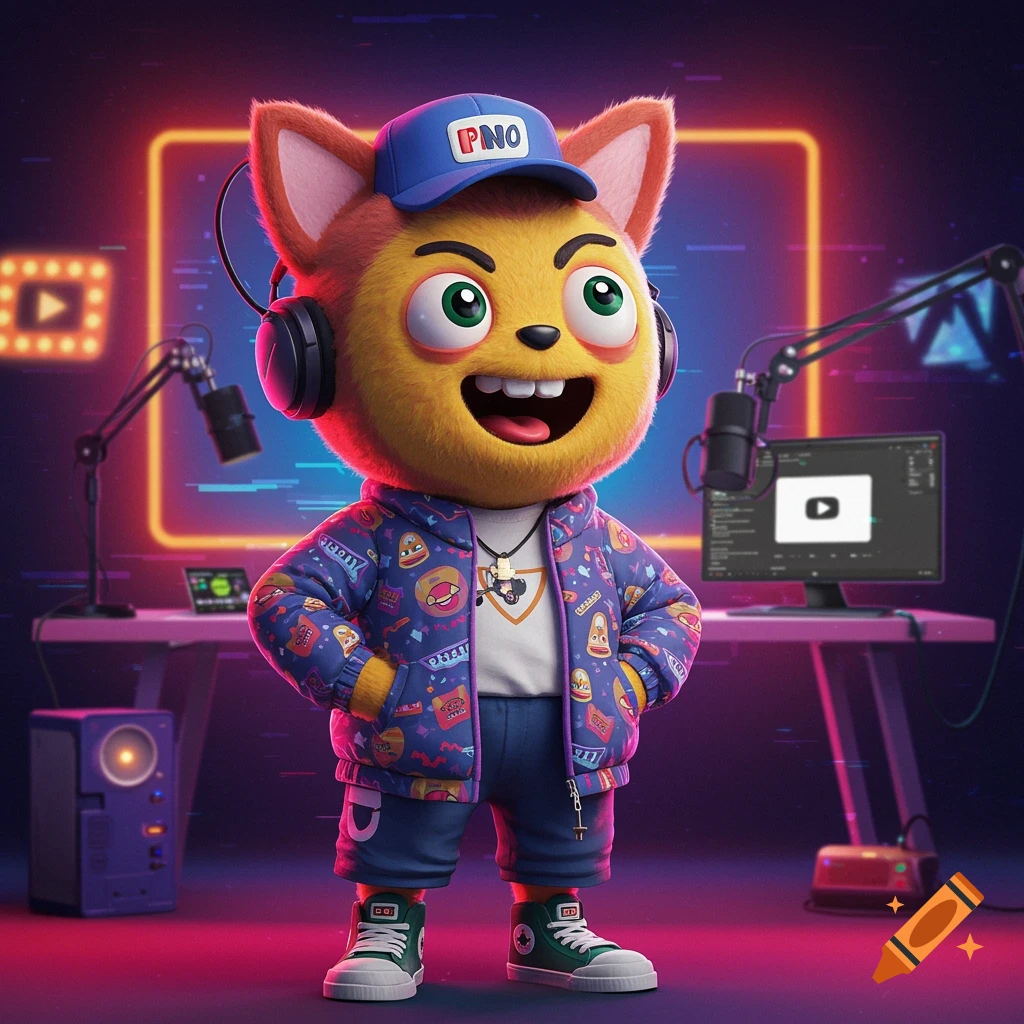 A cute cartoon orange furry mascot character wearing headphones, a blue cap, and a colorful jacket stands in a neon-lit streaming studio.