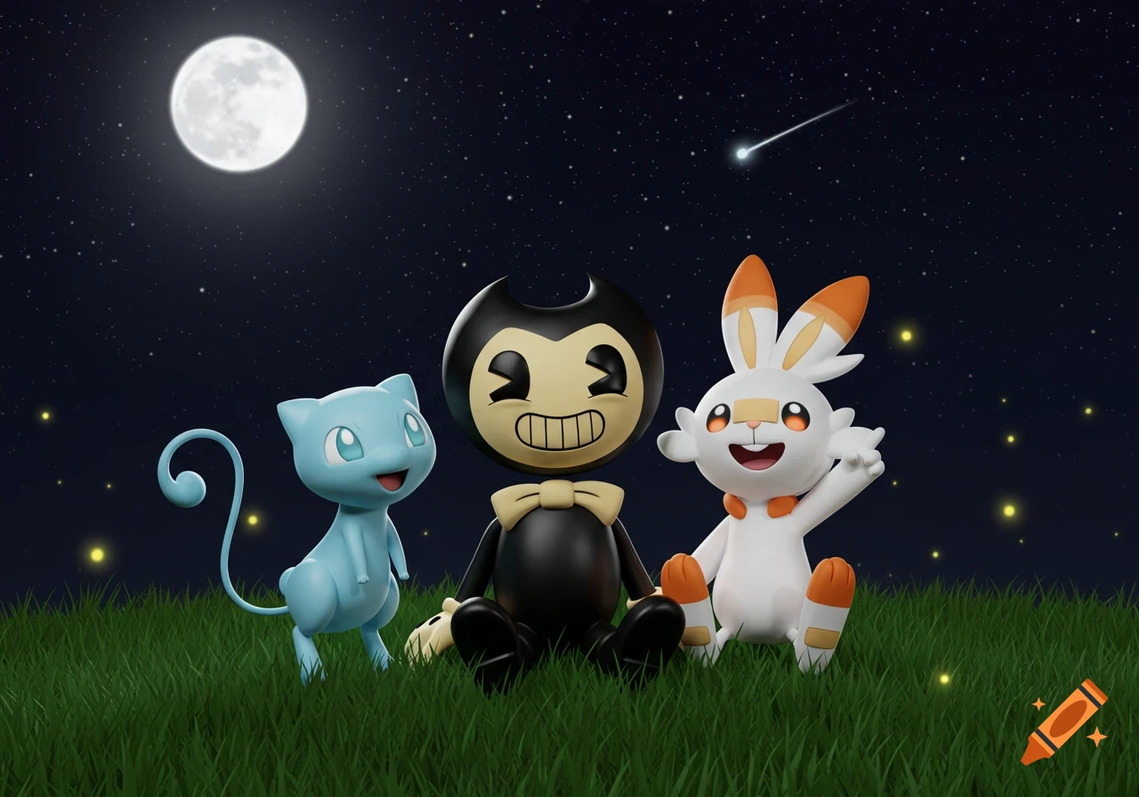 Mew, Bendy, and Scorbunny sit on a grassy field at night, under a full moon and starlit sky with a shooting star and fireflies.