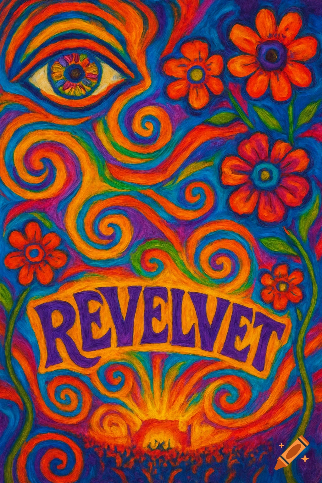 A vibrant psychedelic oil painting poster with swirling colors, a stylized eye, orange flowers, and the word 'REVELVET' above a crowd silhouette and sunburst.