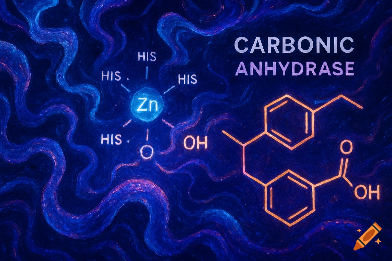 Abstract vibrant blue chemical illustration of Carbonic Anhydrase with glowing structures, including a Zn atom and an organic molecule.
