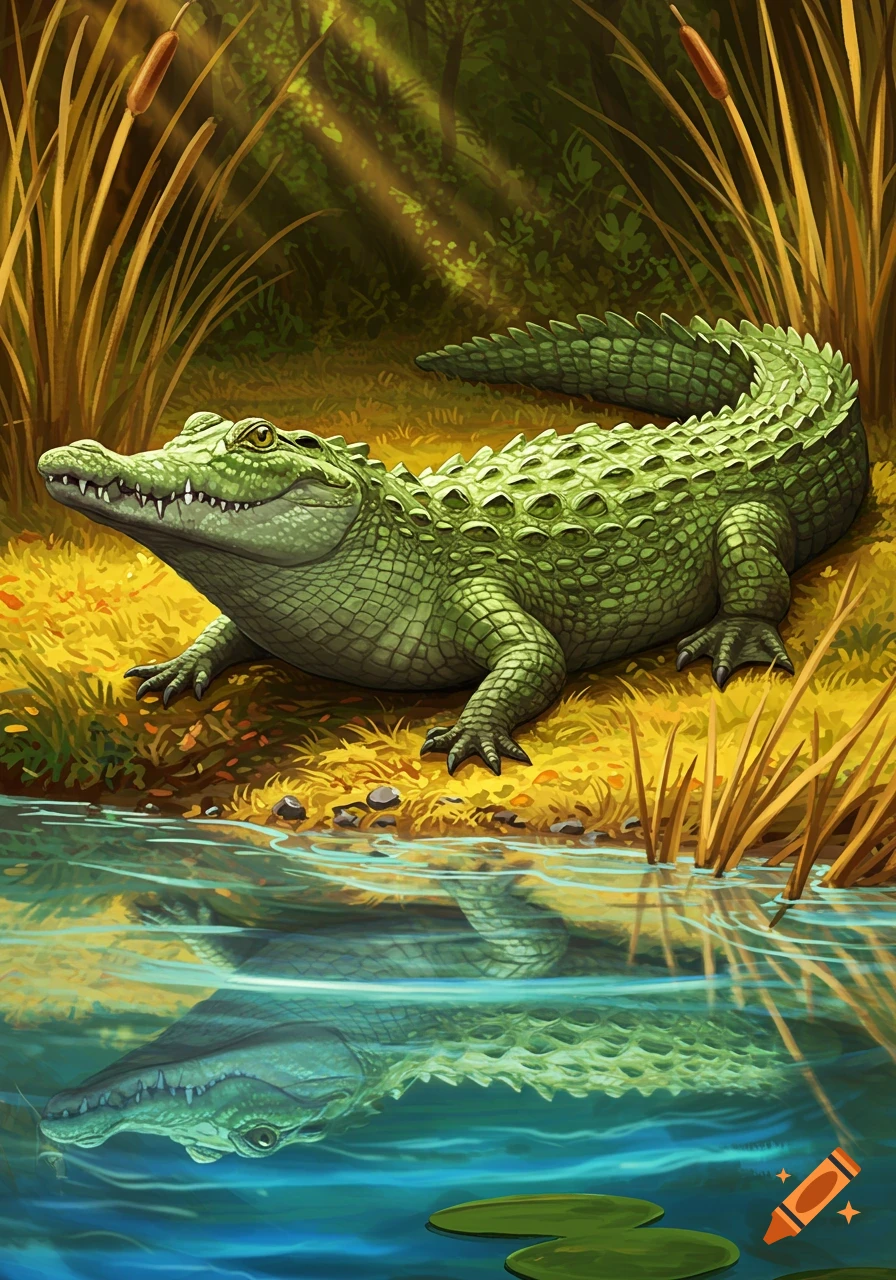 An illustration of a green crocodile resting on grassy land beside clear water, with tall reeds and sun rays in a swampy forest background.