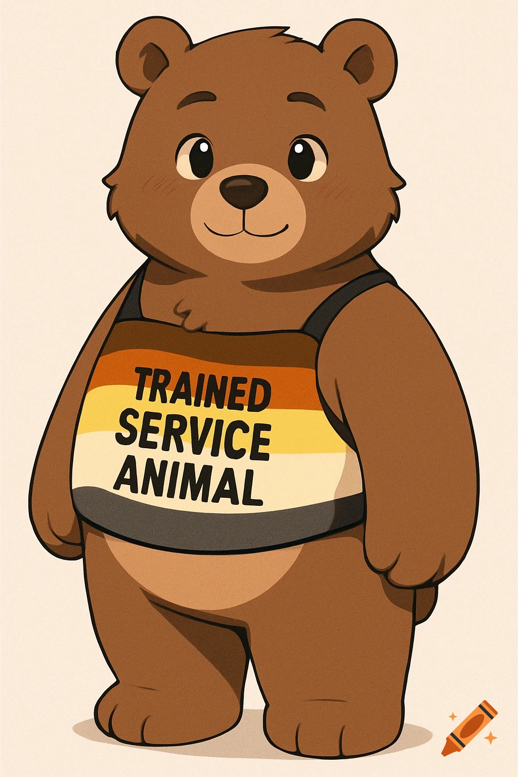 A cute cartoon bear with a brown body and an adorable face. It wears a vest with the gay bear flag colors and the words "TRAINED SERVICE ANIMAL" in black.