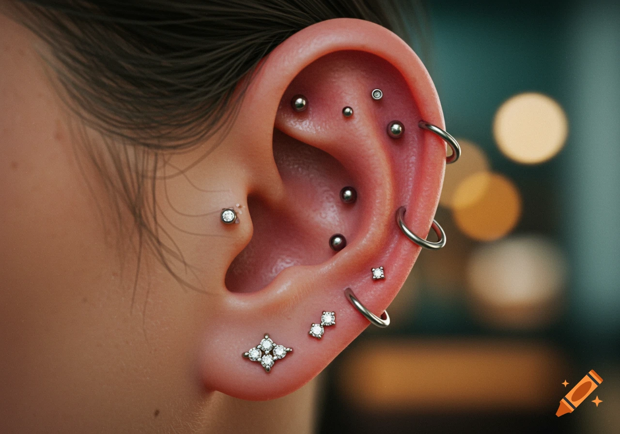 Close-up of a human ear with multiple stylish piercings including studs, hoops, and decorative earrings.