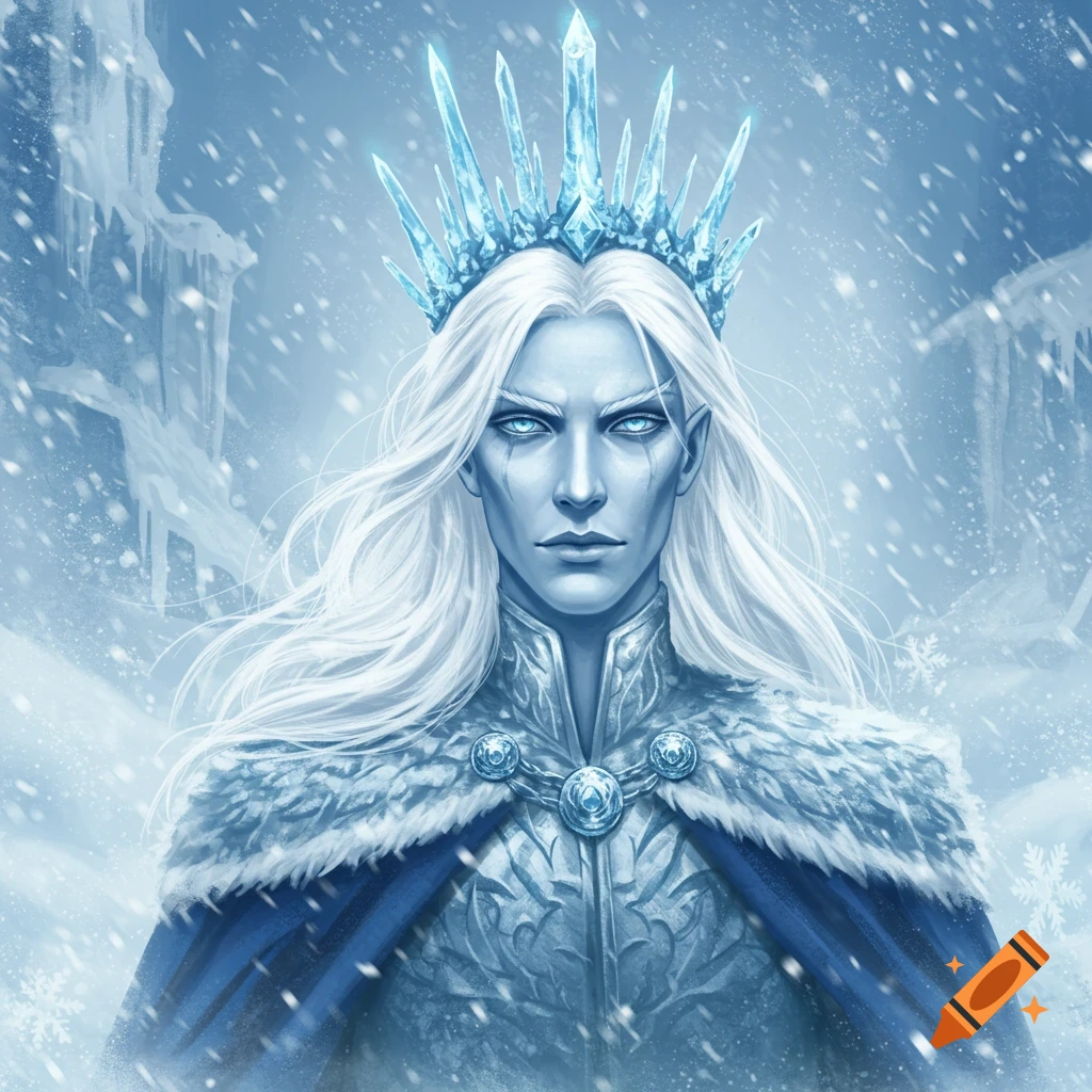 A handsome ice prince with long white hair, striking blue eyes, and an ornate ice crystal crown, set against a snowy, frozen landscape.
