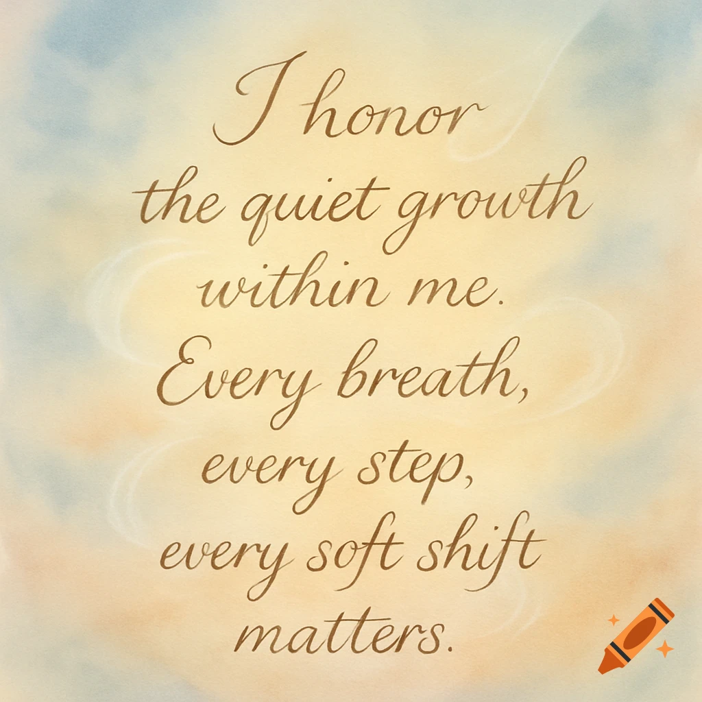 An affirmation in elegant brown script on a soft, ethereal background, reading: 'I honor the quiet growth within me. Every breath, every step, every soft shift matters.'