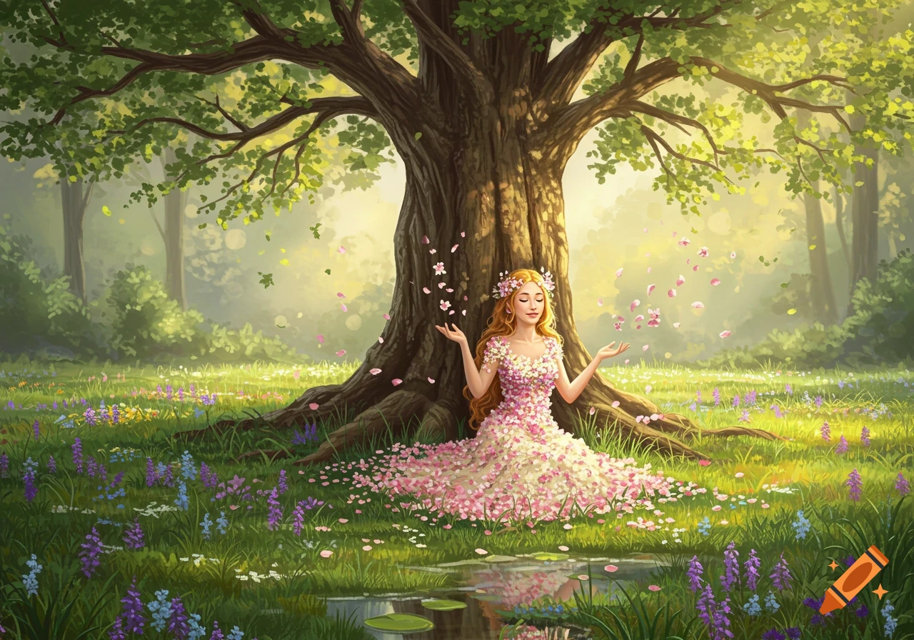 A woman with long hair wearing a floral dress sits peacefully under a large tree in a vibrant spring meadow, surrounded by colorful wildflowers and falling petals, in an illustrative style.